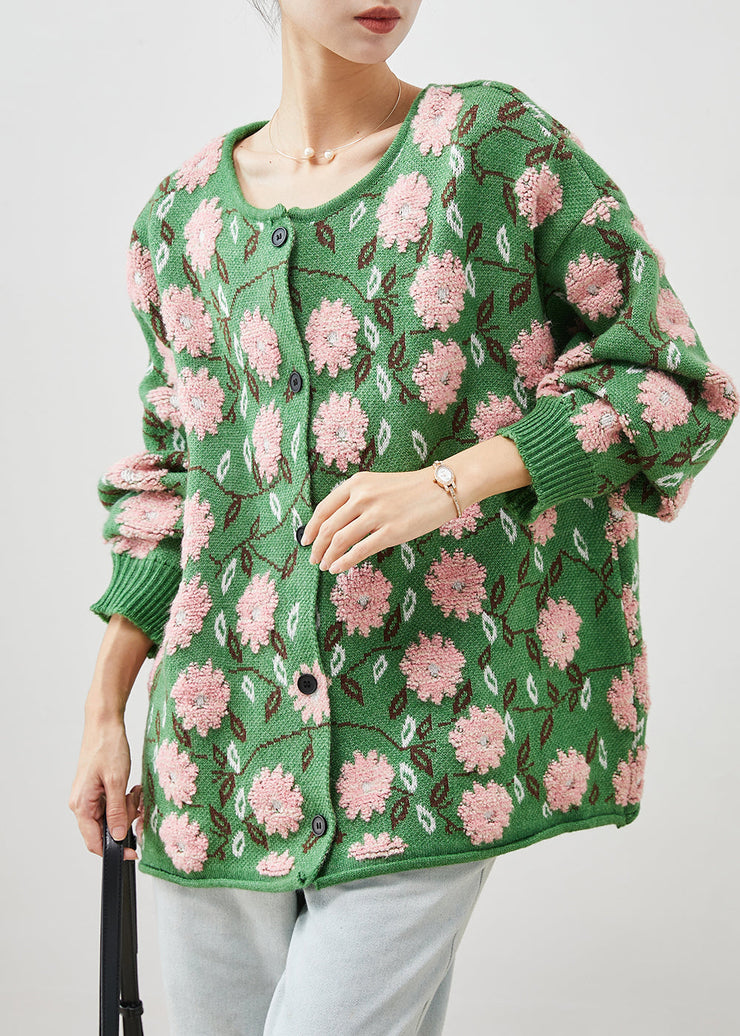 Green Floral Jacquard Cozy Knit Cardigans Oversized Winter