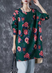 Green Floral Print Linen Mini Dress Side Open Fall