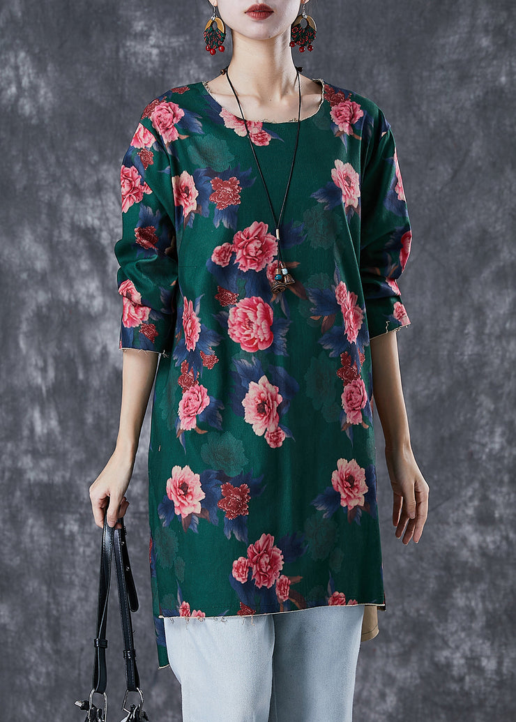 Green Floral Print Linen Mini Dress Side Open Fall