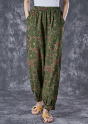 Green Floral Print Linen Pants Oversized Elastic Waist Summer