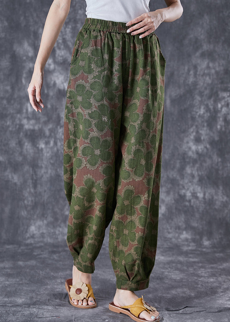 Green Floral Print Linen Pants Oversized Elastic Waist Summer