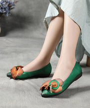 Green Floral Splicing Cowhide Leather Flat Shoes Pointed Toe