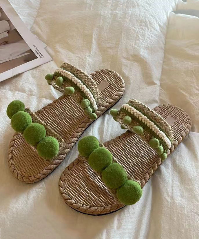 Green Fuzzy Ball Decorated  Splicing Slide Sandals Peep Toe