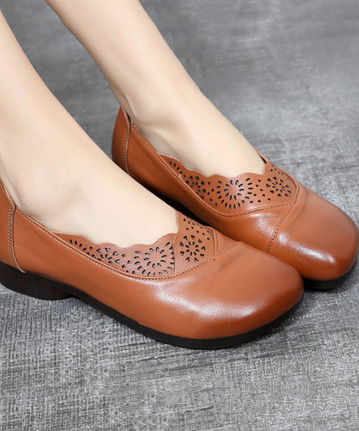 Green Hollow Out Flat Shoes Cowhide Leather Elegant Splicing Flats