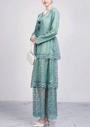 Green Hollow Out Solid Lace Dresses O Neck Fall