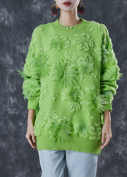 Green Jacquard Cozy Knit Sweater Tops Winter