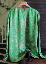 Green Jacquard Patchwork Silk Shirt Wrinkled Long Sleeve