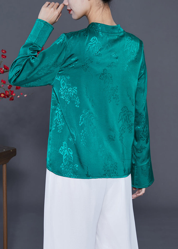 Green Jacquard Silk Shirt Mandarin Collar Chinese Button Spring