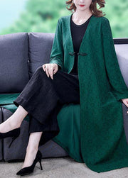 Green Jacquard Silk Trench Coats V Neck Oriental Long Sleeve