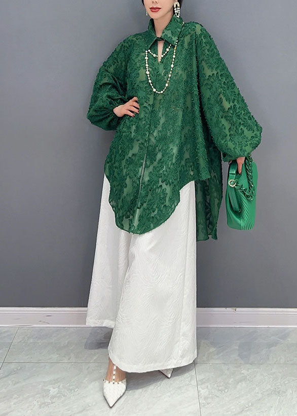 Green Jacquard Tulle Long Shirts Oversized Hollow Out Spring