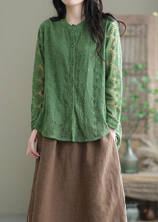 Green Lace Tops Asymmetrical Embroideried O-Neck Spring