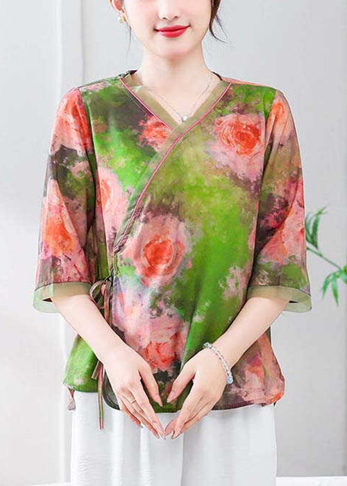 Green Lace Up Linen Blouses V Neck Summer