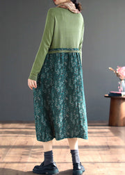 Green Lace Up Patchwork Knitting Dress O Neck Long Sleeve