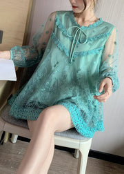 Green Lace Up Patchwork Lace Tops O Neck Long Sleeve