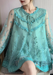 Green Lace Up Patchwork Lace Tops O Neck Long Sleeve