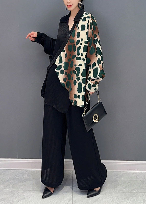 Green Leopard Patchwork Chiffon Two Pieces Set Oversized V Neck Summer