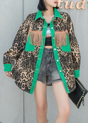 Green Leopard Patchwork Denim Coat Tasseled Button Spring