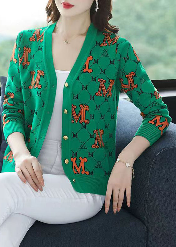 Green Letter Jacquard Patchwork Woolen Loose Cardigans V Neck Fall