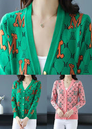 Green Letter Jacquard Patchwork Woolen Loose Cardigans V Neck Fall