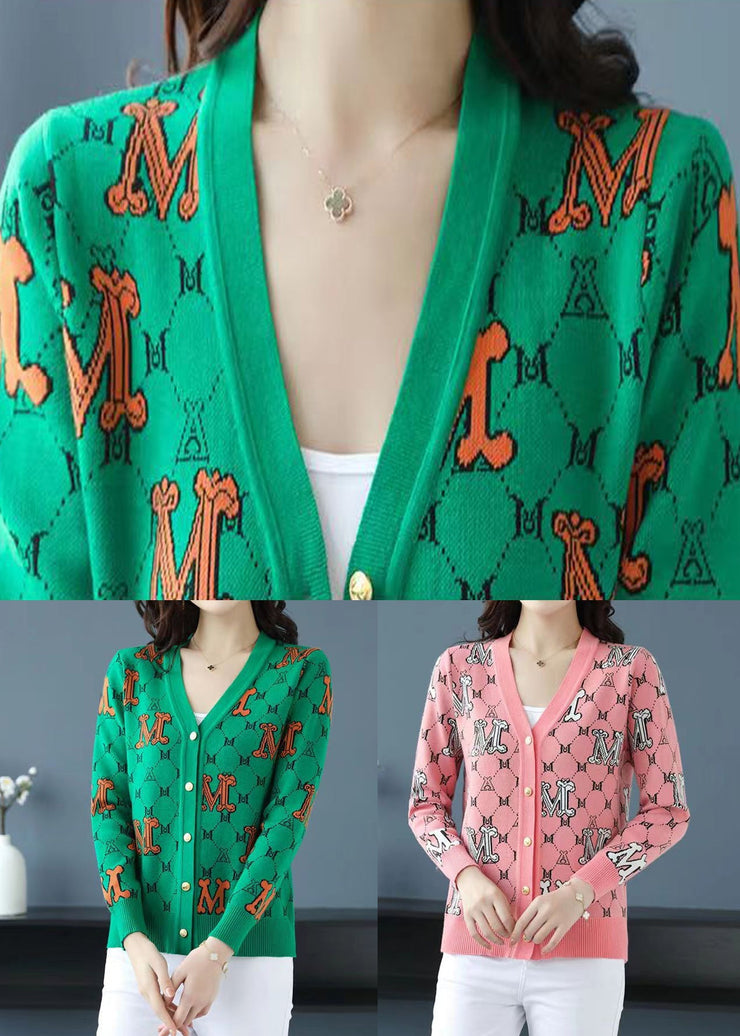 Green Letter Jacquard Patchwork Woolen Loose Cardigans V Neck Fall