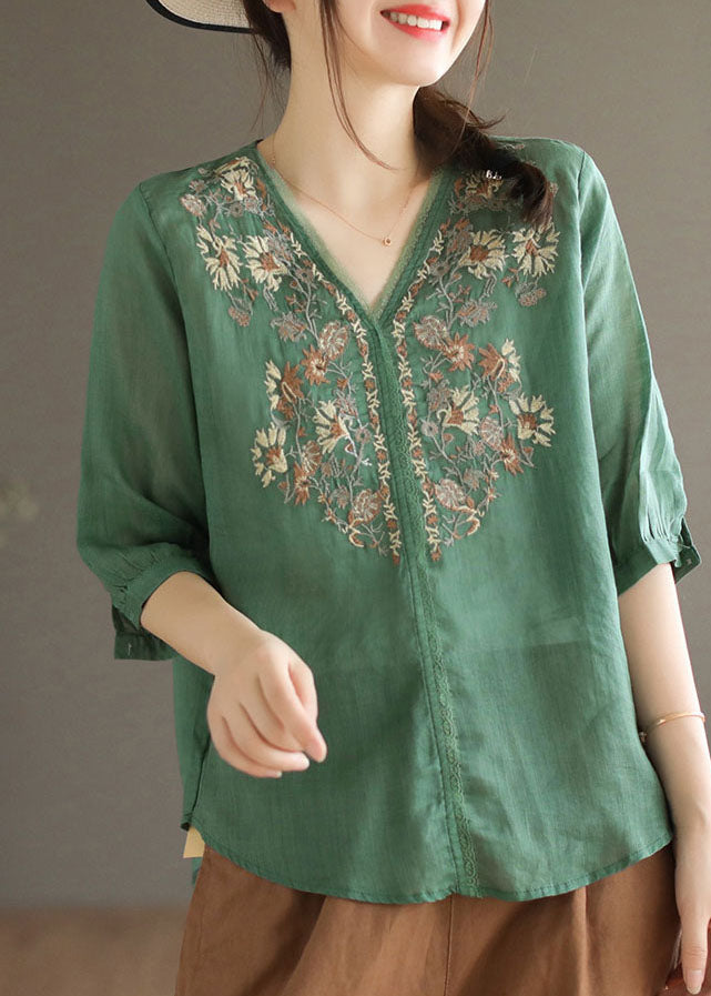 Green Linen Blouses V Neck Embroideried Oversized Half Sleeve