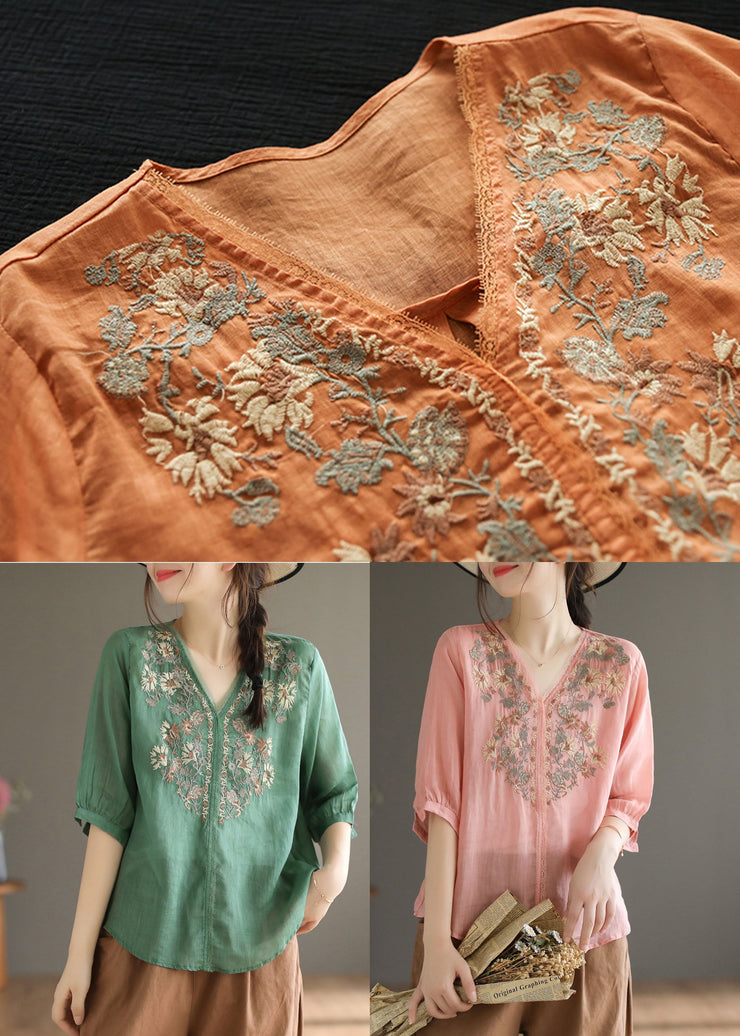 Green Linen Blouses V Neck Embroideried Oversized Half Sleeve