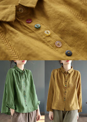 Green Linen Loose Shirts Embroideried Button Fall