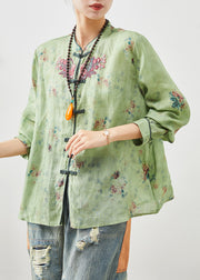 Green Linen Oriental Top Embroidered Chinese Button Summer