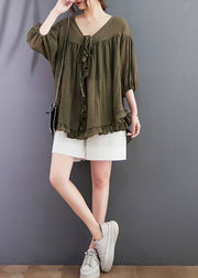 Green Loose Cotton Shirt Tops V Neck Ruffled Lantern Sleeve