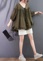 Green Loose Cotton Shirt Tops V Neck Ruffled Lantern Sleeve