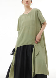 Green Loose Cotton Tops Asymmetrical Low High Design Summer