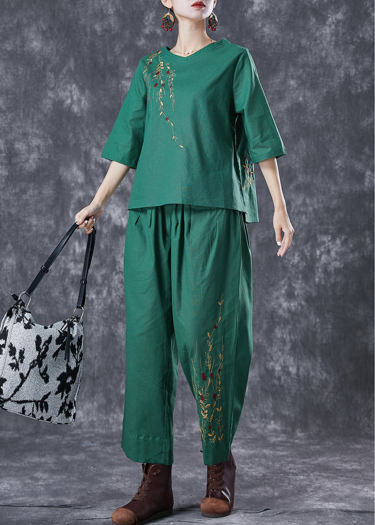 Green Loose Linen Two Pieces Set Embroideried Summer