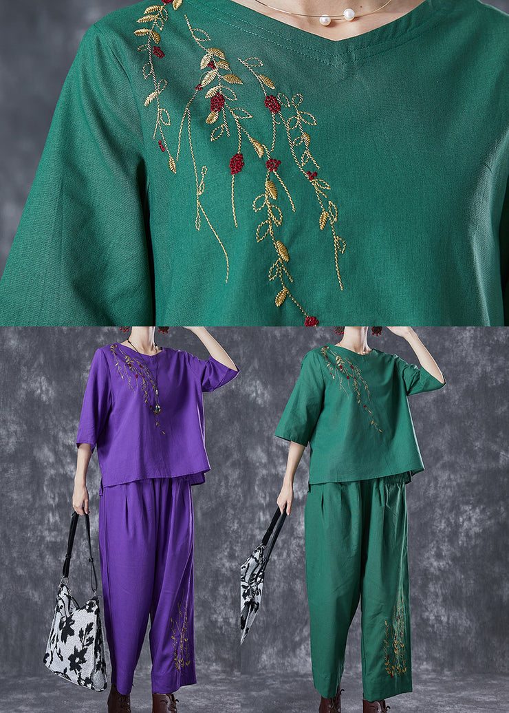 Green Loose Linen Two Pieces Set Embroideried Summer