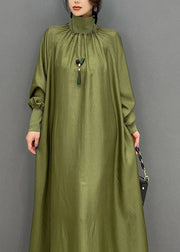 Green Loose Silk A Line Dresses High Neck Draping Spring