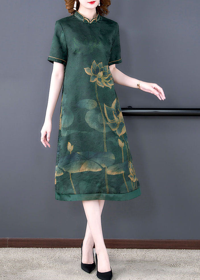 Green Lotus Print Silk A Line Skirts Stand Collar Summer