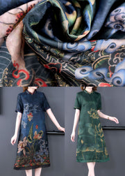 Green Lotus Print Silk A Line Skirts Stand Collar Summer