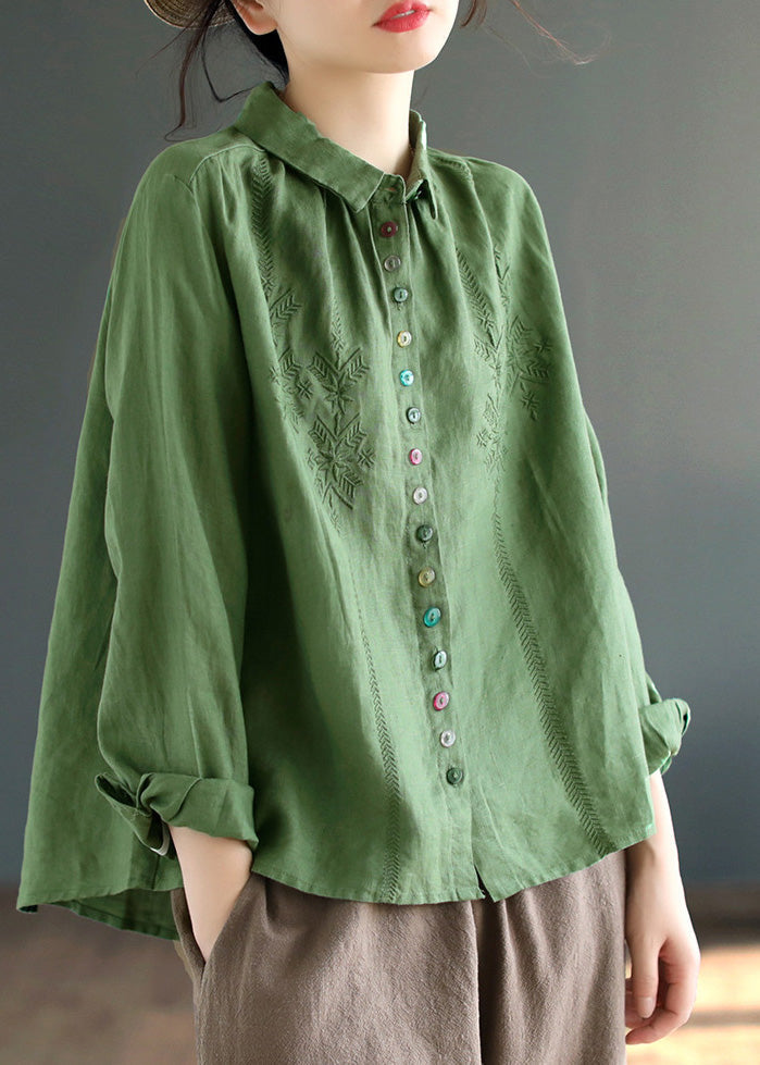 Green Low High Design Button Linen Shirt Long Sleeve