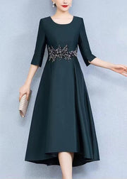 Green Low High Design Patchwork Silk Long Dress O Neck Summer