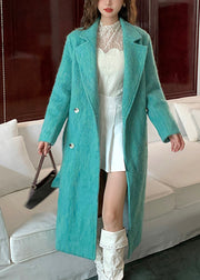 Green Notched Tie Waist Maxi Woolen Coat Long Sleeve