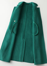 Green Notched Tie Waist Woolen Long Coats Fall