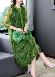 Green O-Neck Lace Patchwork Button Tulle Maxi Coats Summer