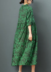 Green O-Neck Print Drawstring Maxi Dress Half Sleeve