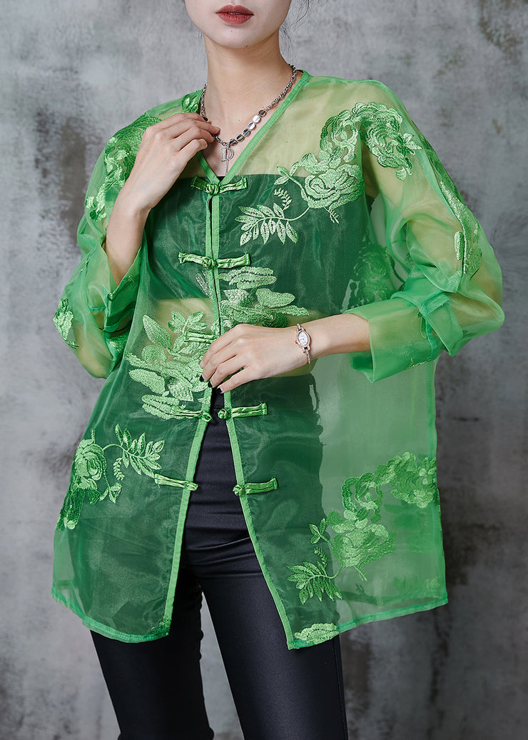 Green Organza Oriental Blouses Embroidered Chinese Button Summer