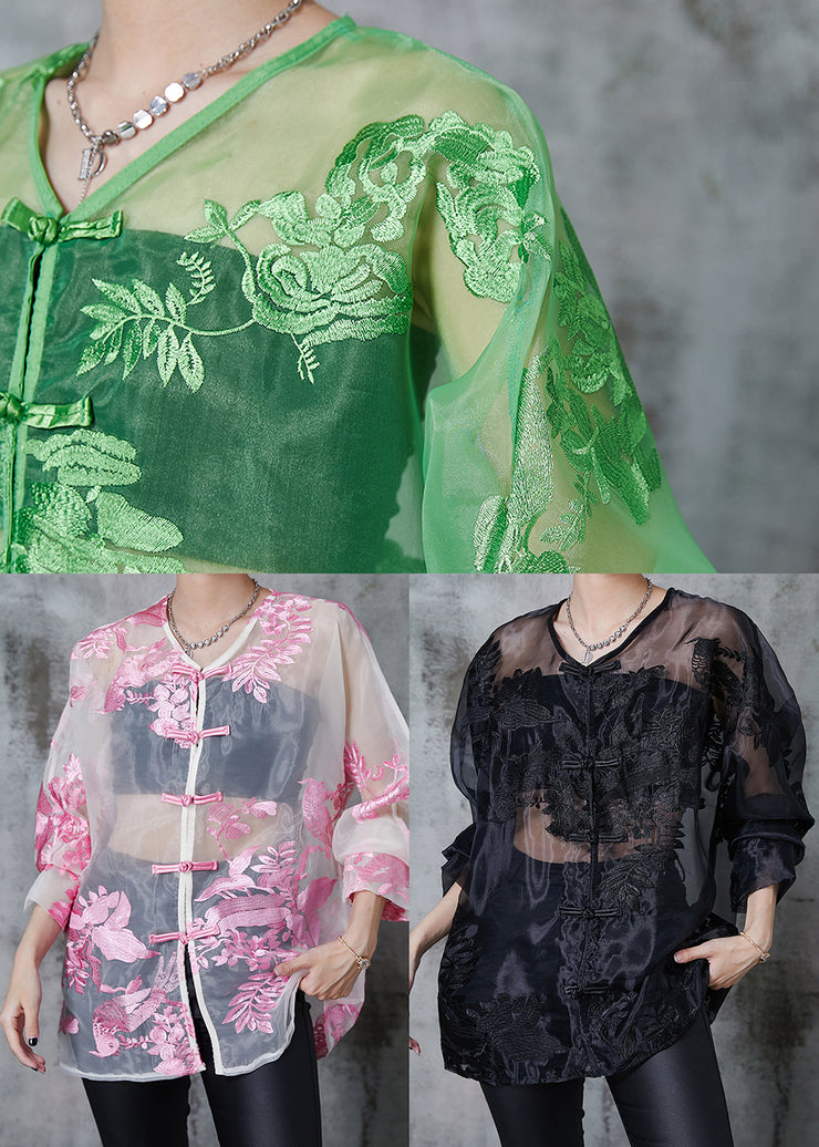 Green Organza Oriental Blouses Embroidered Chinese Button Summer