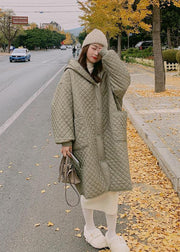 Green Oversized Fine Cotton Filled Parkas Hooded Pockets Winter