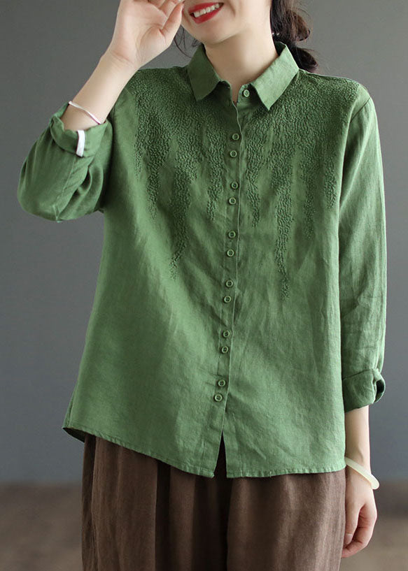 Green Oversized Linen Top Peter Pan Collar Embroideried Spring