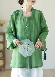 Green Patchwork Button Linen Shirts Long Sleeve