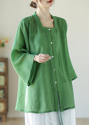 Green Patchwork Button Linen Shirts Long Sleeve