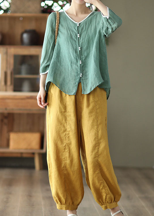 Green Patchwork Button Linen Top O Neck Summer