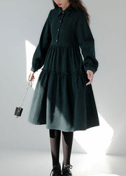 Green Patchwork Corduroy Long Dresses Ruffled Exra Large Hem Long Sleeve